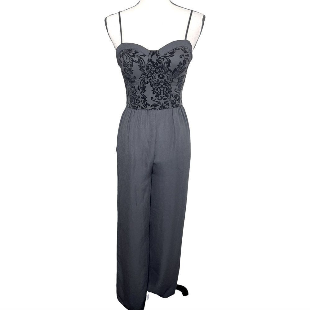 Band of Gypsies Black Strapless Embroidered Bust Jumpsuit with Spaghetti Straps